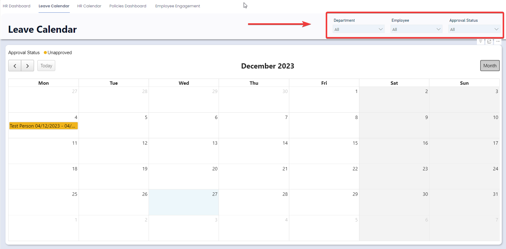 A screenshot that highlights the location of the HR Leave Calendar slicers